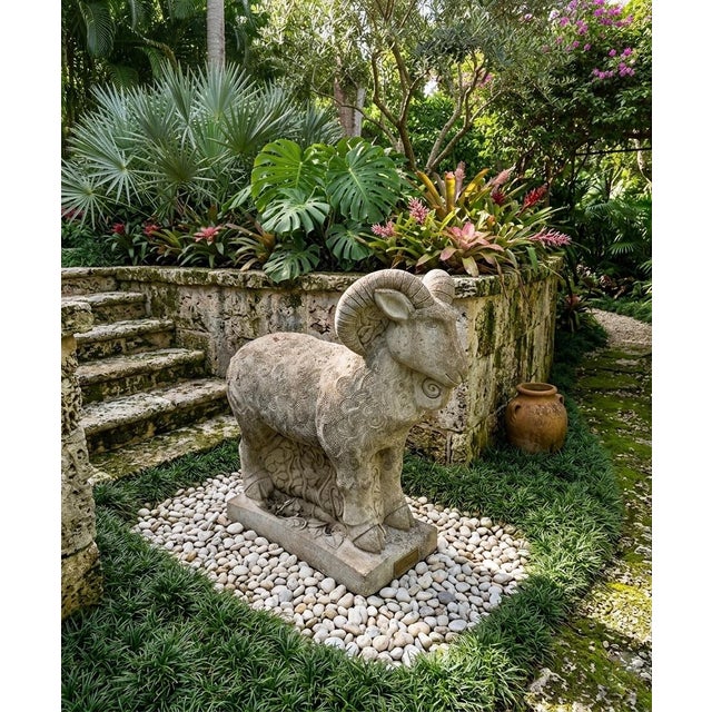 Vintage Stylized Cast Stone Ram Garden Statue For Sale - Image 10 of 10