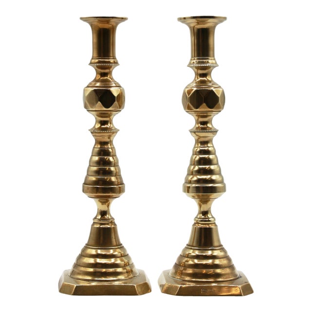 1893 Design Registry Mark Pair of English Brass Candlesticks For Sale