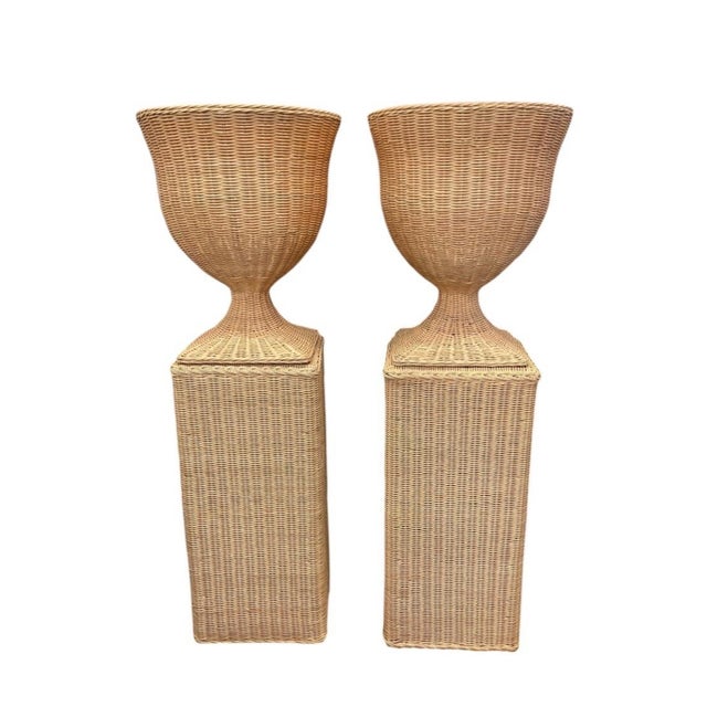 Pair of Vintage Natural Wicker Urn Planters With Pedestal Plinths For Sale - Image 4 of 12