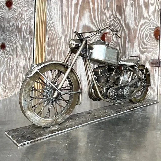 A fabulous vintage Boho motorcycle sculpture. A chic hand crafted brushed stainless steel with incredible attention to...