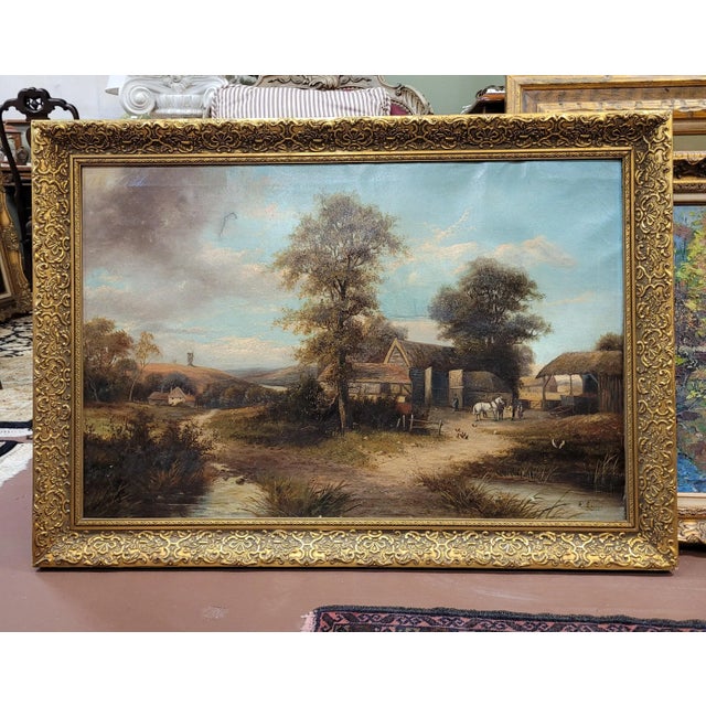 Beautiful antique country farmscape oil painting depicting an idealic barnyard with animals in the country. Vibrant color...