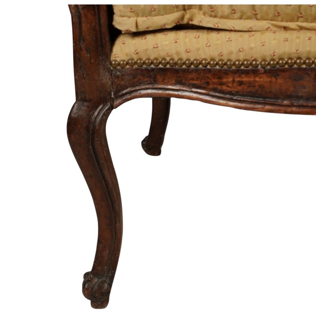 Antique 18c Petite Louis XV Carved Walnut Bench W Down Cushion For Sale - Image 4 of 5