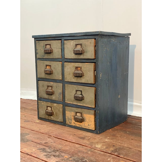 Shabby Chic Early 20th Century Weathered Eight Drawer Apothecary Workshop Cabinet For Sale - Image 3 of 17