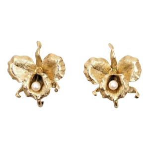 Vintage 1964 Signed Napier Book Piece Goldtone & Faux-Pearl Orchid Clip Earrings - 2 Pieces