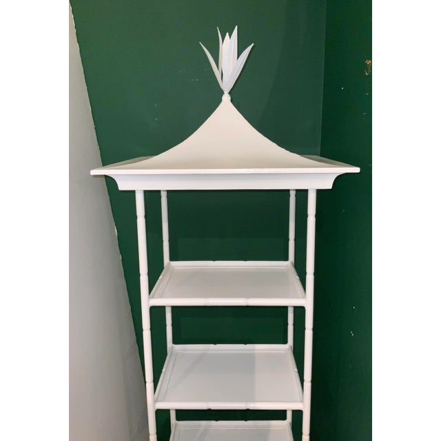Stylish Baker Asian Modern Custom White Metal Pagoda Etagere, will include lower glass shelf, showroom floor sample