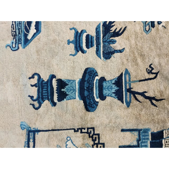 1930s Antique Beige Medallion Chinese Peking 100 Antiques Knotted Wool Rug For Sale - Image 11 of 12