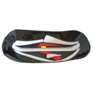 Vintage Graphic Fused Glass Geometric Rectangle Bowl Black, Red, White, Yellow 70's