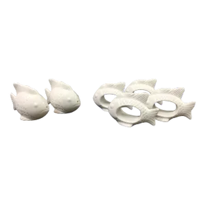 Shafford Bone China All White Fish Figural Napkin Rings and Matching Salt & Pepper Shakers
