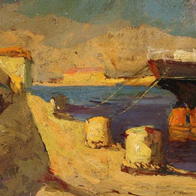 Italian painting from the first half of the 20th century. Oil on board artwork depicting a bright view of a port with a...