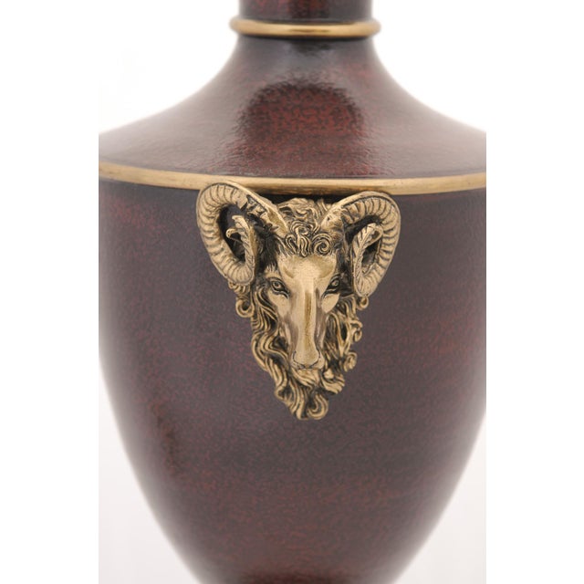 1980s 1980s Neoclassical Enameled Oxblood & Brass Rams Head Lamps, Attr. Chapman For Sale - Image 5 of 6