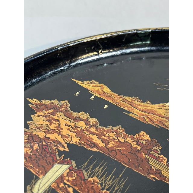 Black Antique Chinese Papier Mâché Lacquer Tray With Chinoiserie Landscape – Late 19th Century For Sale - Image 8 of 11