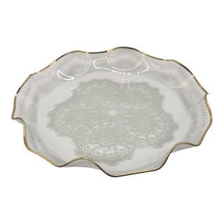 Vintage Glass Serving Dish With Lace Pattern and Gold Trimmed Ruffled Rim For Sale
