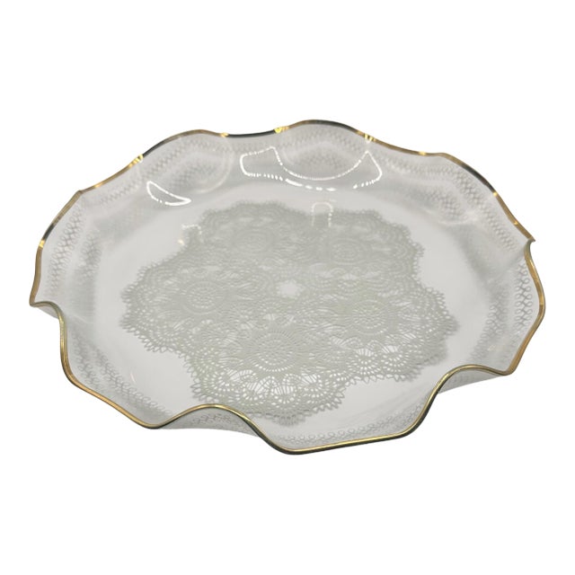 Vintage Glass Serving Dish With Lace Pattern and Gold Trimmed Ruffled Rim For Sale