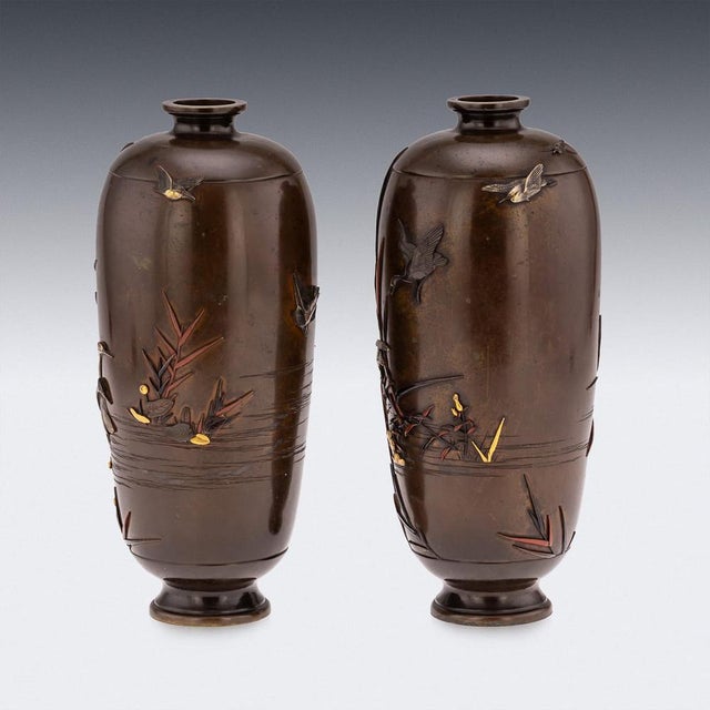 Antique Japanese Meiji Inlaid Bronze Ovoid Vases by Miyabe, 19th Century, Set of 2 For Sale - Image 4 of 18
