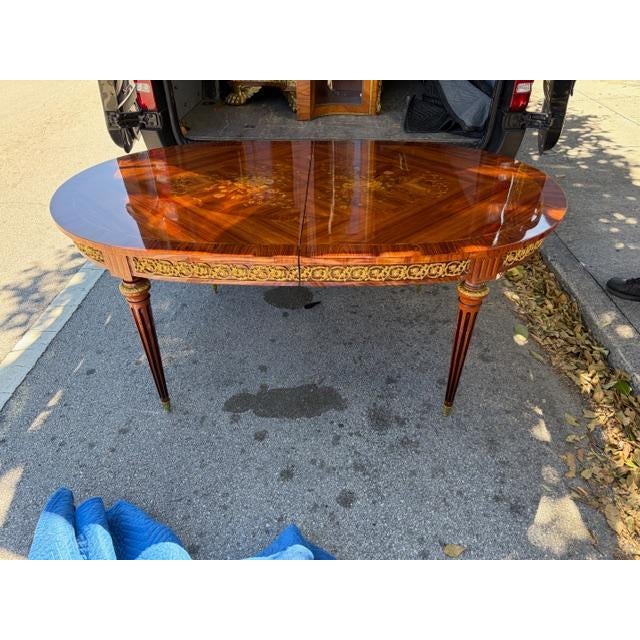 1970s 1970s Walnut Dining Table With Satinwood Marquetry, Brass Trim 2 Leafs For Sale - Image 5 of 5
