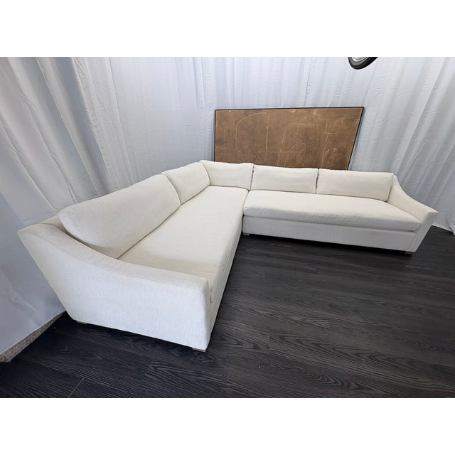 2010s Rh Belgian Classic Slope Arm Bench-Cushion L-Sectional | Down | Perennials® Performance Textured Two-Tone Linen – Natural For Sale - Image 5 of 18