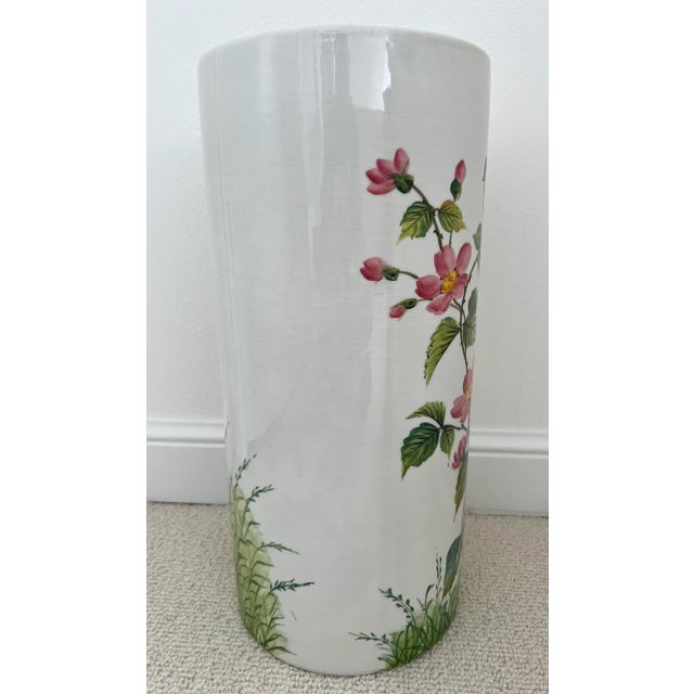 Tall Italian Hand Painted Floral and Bird Porcelain Umbrella Stand For Sale - Image 9 of 10