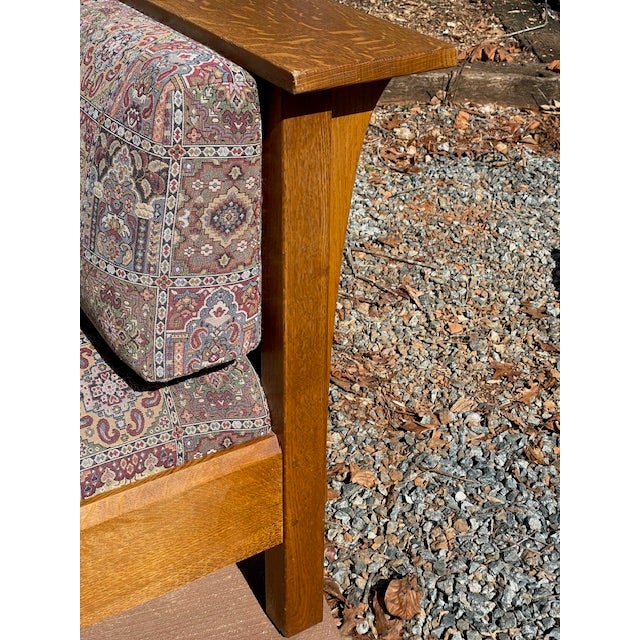 Stickley Pair of Stickley Furniture Wine/Blue Geometric Mission Prairie Oak Loveseats / Sofa's For Sale - Image 4 of 18