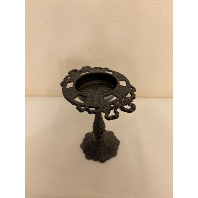 Victorian Vintage Gothic Black Cast Iron Pillar Candle Holder Stand-Ornate Open Work Tazza For Sale - Image 3 of 4