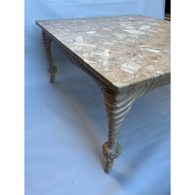 Hollywood Regency Carved Wood Rope Knot Marble Top Table For Sale - Image 3 of 12