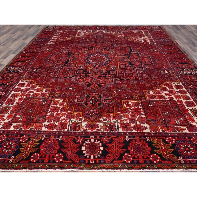 1960 10'x12'8" Fire Brick Red With Asphalt Black Border Vintage Heriz Oriental Rug For Sale In New York - Image 6 of 12
