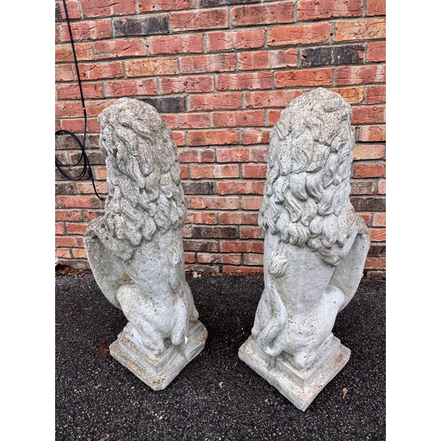 Vintage Pair English Cast Stone Lions With Heraldic Shield Statues For Sale - Image 10 of 10