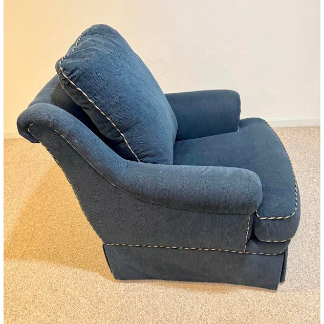 Ethan Allen Custom Ethan Allen Rolled-Arm Skirted Armchair in Navy With Rope Trim For Sale - Image 4 of 9