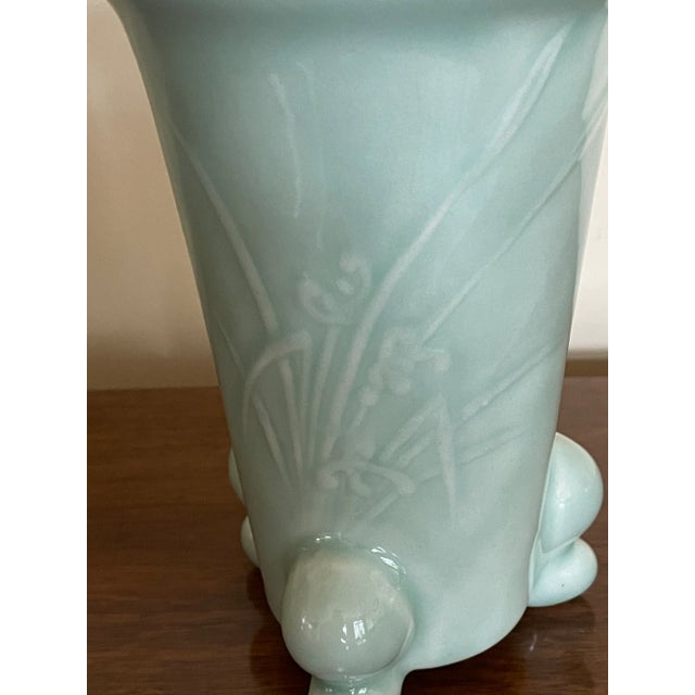 Vintage Mid 20th Century Three-Footed Celadon Vase With Iris Motif For Sale - Image 4 of 8