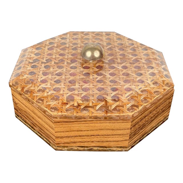 Acrylic Wicker Wood & Brass Octagonal Box by Christian Dior, France, 1970s For Sale