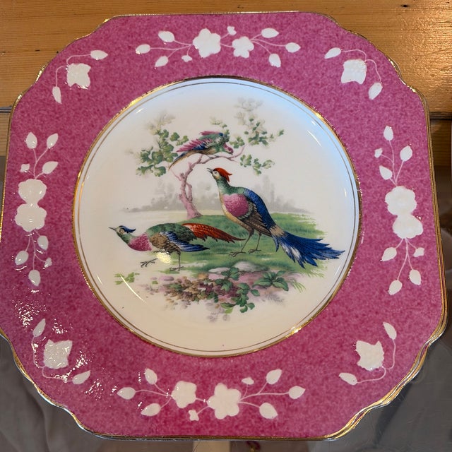 Wedgwood Late 19th Century Wedgwood Queens Ivory Pheasant Salad/Dessert Plates 2 Pink, 2 Green, 2 Blue and 1 Yellow. - Set of 7 For Sale - Image 4 of 7