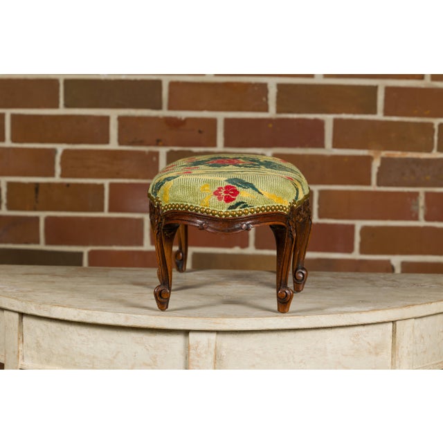 Wood French Louis XV 19th Century Carved Walnut Footstool with Tapestry Upholstery For Sale - Image 7 of 11