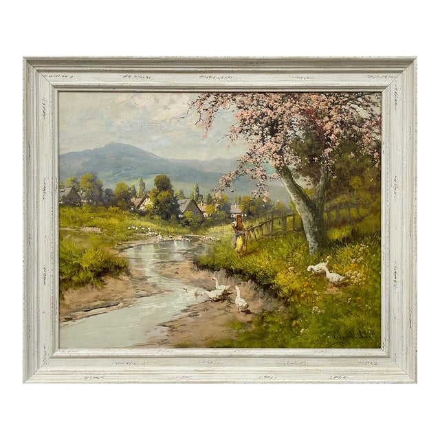 Laszlo Neogrady, Countryside Village River Scene with Tree Blossom, Figure and Geese 20th Century, Circa 1925 For Sale