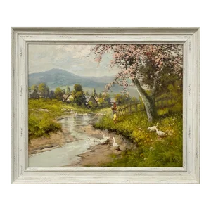 Laszlo Neogrady, Countryside Village River Scene with Tree Blossom, Figure and Geese 20th Century, Circa 1925