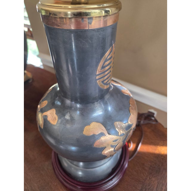 Vintage Pewter & Brass Asian Chinoiserie Jar Lamp For Sale - Image 10 of 11