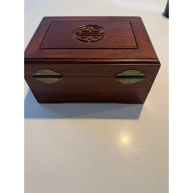 Large Vintage Chinese Chinoiserie Jewelry Box With Ornate Solid Brass Fittings For Sale In Houston - Image 6 of 10