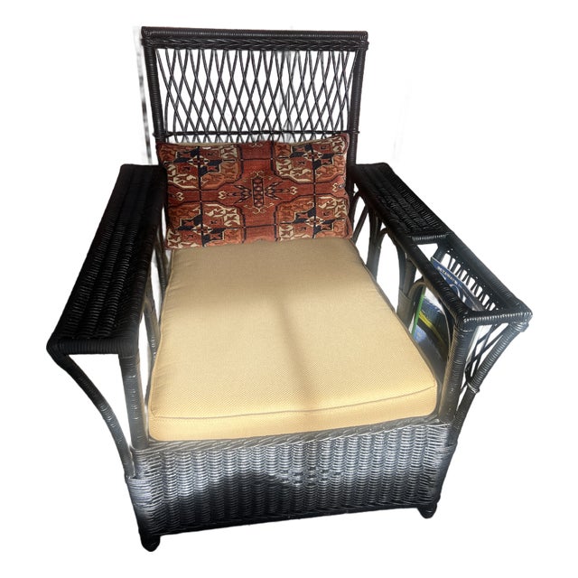 Antique Bar Harbor Style Black Wicker Armchair-Early 1900's-Original Spring Seat For Sale