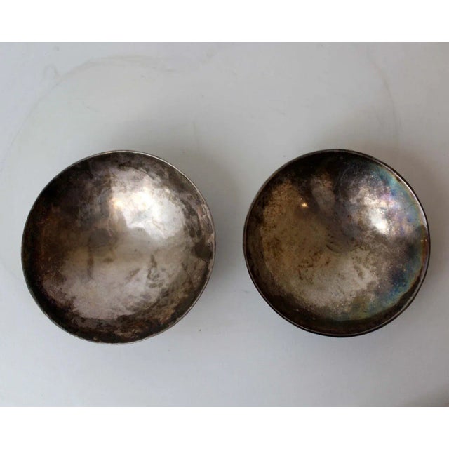 Mid Century Modern Pair of Alfredo Scciarotta Modernist Silver Mini Bowls. Dimensions: 1: 4" diam x 1"h 2: 4.25" diam x...