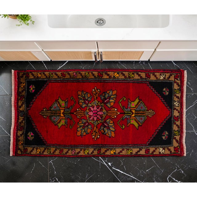 Mid-Century Modern Hand Knotted Small Turkish Rug. Organic Wool 1960's Entryway Decor DoorMat, Accent Rug - 22'' X 42'' For Sale - Image 3 of 12