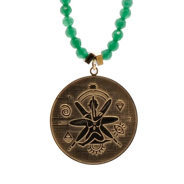 Green Jade Stone Spiritual Soul Gold Medallion Pendant Necklace For Sale - Image 16 of 16