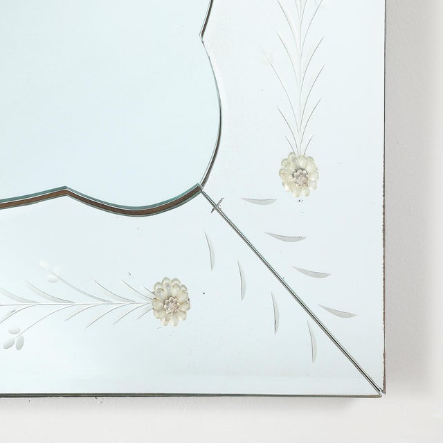 Glass Mid-Century Reverse Etched Mirror W/ Scalloped Inner Border & Florets For Sale - Image 7 of 10