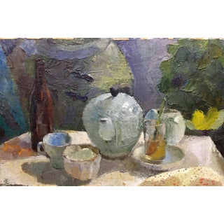 1970s Oil Painting Food and Drinks on the Table For Sale