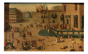 Workshop of Antoine Caron, Massacre Ordered by the Triumvirs, 17th Century, Oil Painting on Panel, Framed