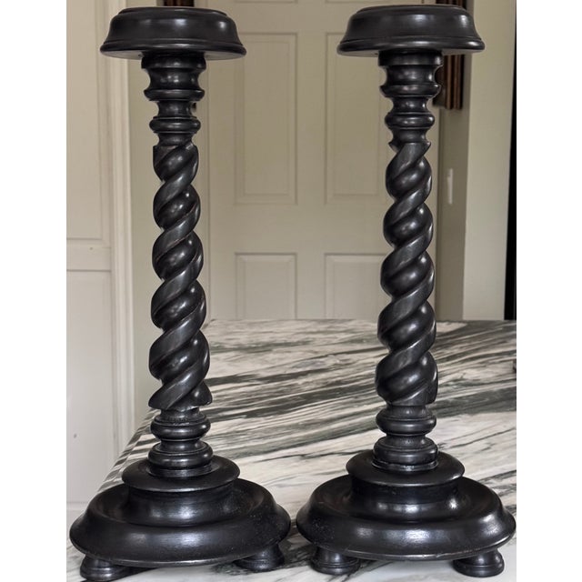 Rustic European Vintage Carved Jacobean Barley Twist Large Scale Candle Holders - A Pair For Sale - Image 3 of 17