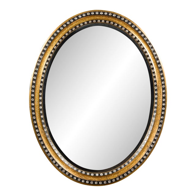 Midcentury Irish Oval Gold and Black Mirror with Diamanté Décor For Sale