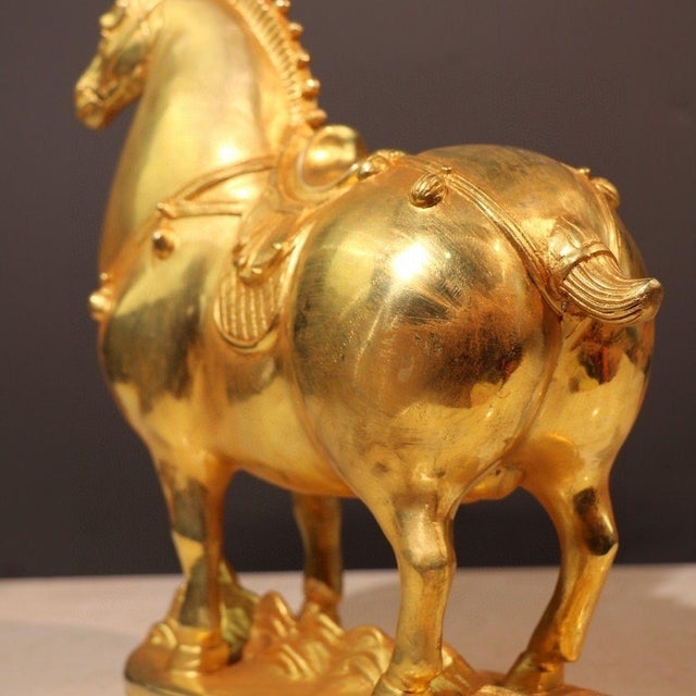 Vintage Gilt Bronze Horse Figure - Tang Style Saddle Sculpture For Sale - Image 4 of 9