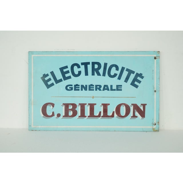 French Wooden Double Sided Blue Electricite Sign For Sale - Image 6 of 8