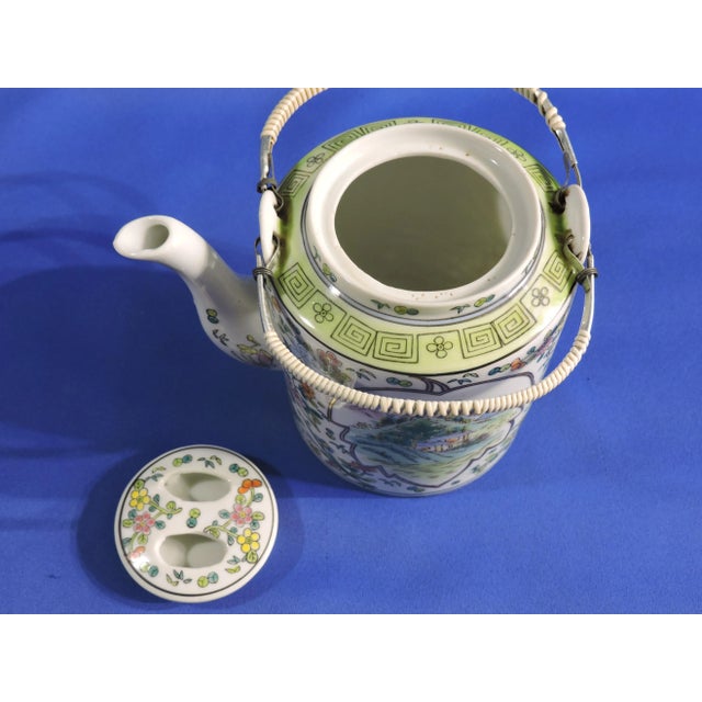 Mid 20th Century Chinese Famille Rose Hand Painted Lotus Leaf Cartouche Design Porcelain Tea Pot For Sale - Image 9 of 11