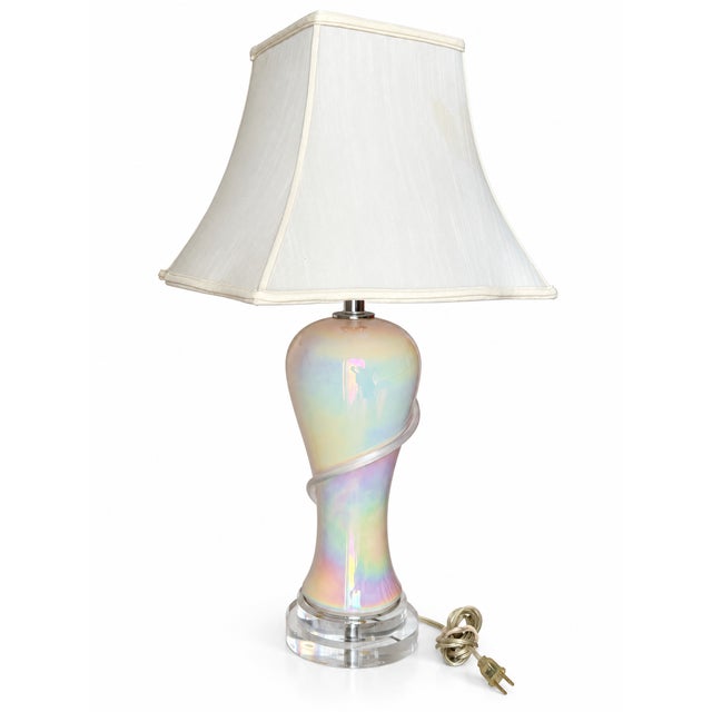 Iridescent Pearlescent Spiral Ribbon Table Lamp With Clear Tiered Base For Sale In Las Vegas - Image 6 of 17