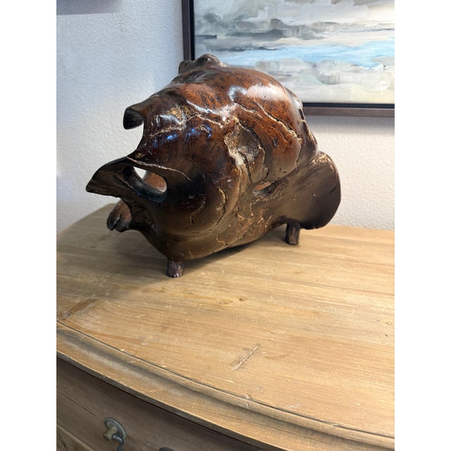 Contemporary Sculptural Mid Century Large Curly Redwood Bowl Sculpture Coastal California Essence For Sale - Image 3 of 9