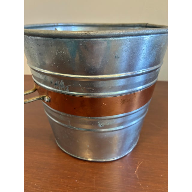Vintage Metal Bucket With Copper Accent Band and Brass Handles For Sale - Image 4 of 9